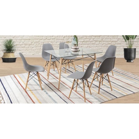 Comedor Rectangular Atlas In Natural con 6 Sillas Gris