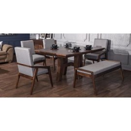 Comedor Rectangular Kansas 160 cm con 2 Sillas, 2 Sillones y Banca Gris